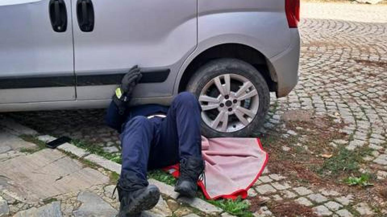 Edremit'te aracın altında sıkışan kediyi kurtardı