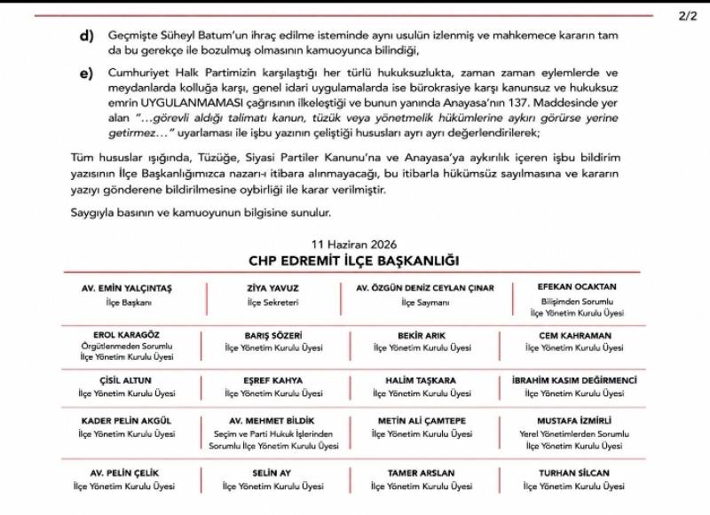 CHP Edremit İlçe Örgütü'nden Ensar Aytekin Kararına Tepki